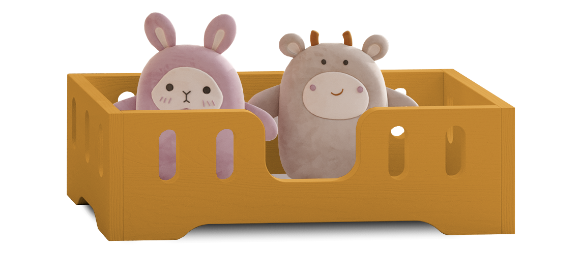 Drewniane łóżko dla lalek z podłużnymi wycięciami w barierkach ze sklejki sosnowej w kolorze musztardowym